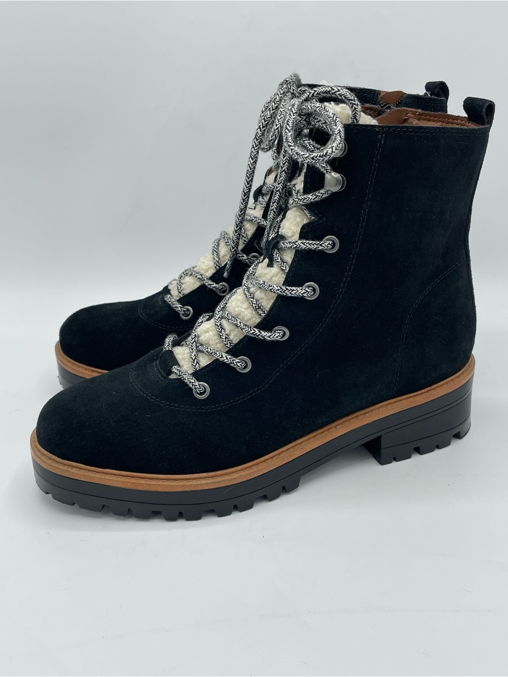 Marc Fisher Izma Black Suede Lace-Up Hiking Boots with Shearling Trim